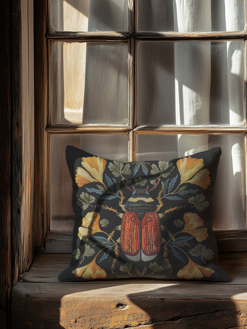 Luxury black pillowcase featuring a detailed scarab beetle with vibrant red-orange wings and dark thorax, surrounded by symmetrical golden ginkgo leaves and blue-green foliage. The intricate entomology artwork creates a striking focal point with scientific precision and artistic flair.